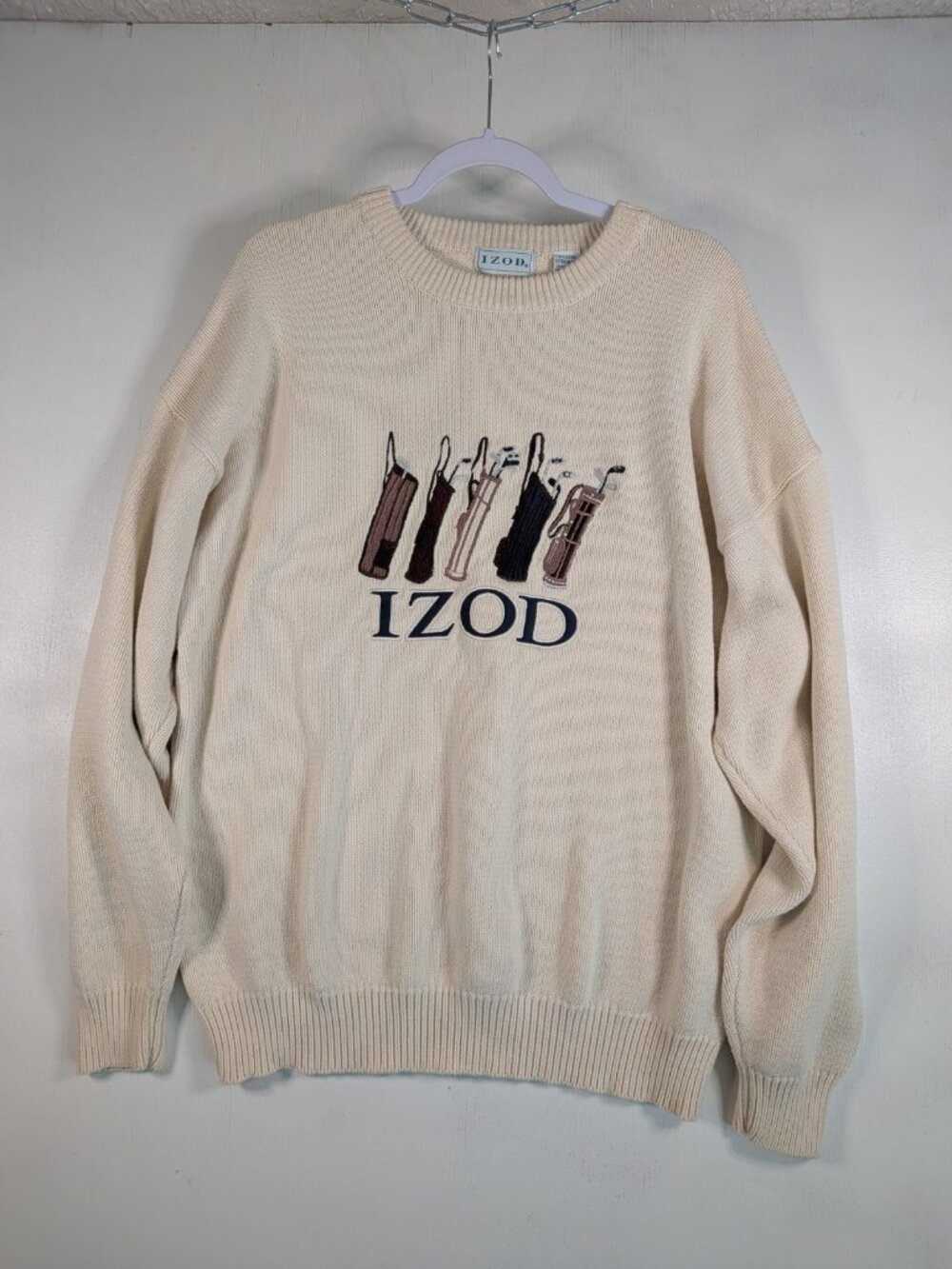 Vintage IZOD Mens XL Cream Cotton Knit Golf Bag Embroidered Crewneck Sweater